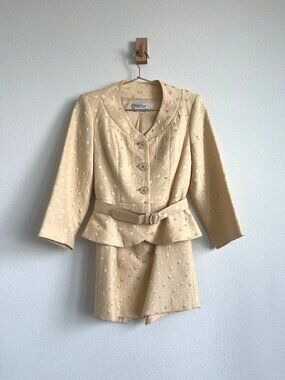 Vintage Kay Unger New York Belted Skirt Suit - Champagne Jacquard - Size 2